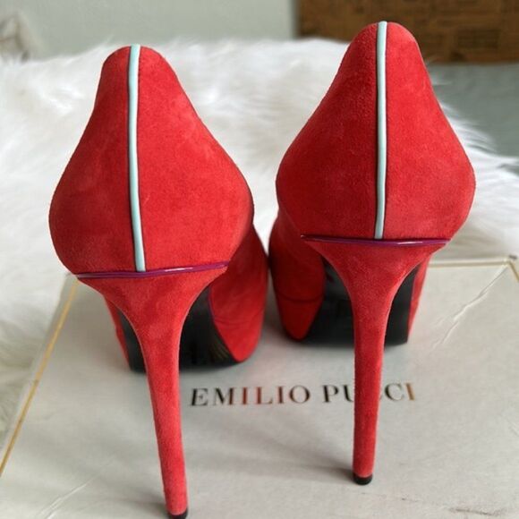 Emilio Pucci suede Open Toe Heels size 38 red coral color - Picture 2 of 8